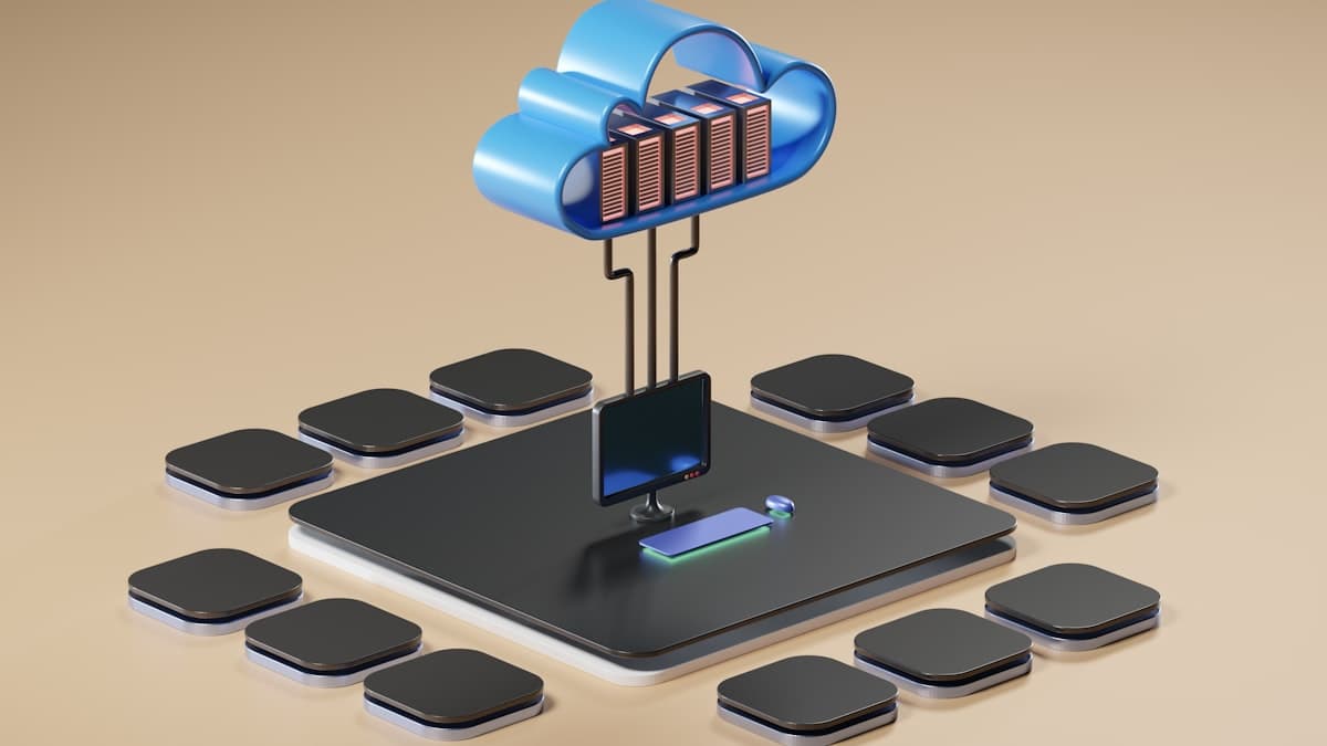 Illustration of servers inside a cloud feeding a ring of connected devices