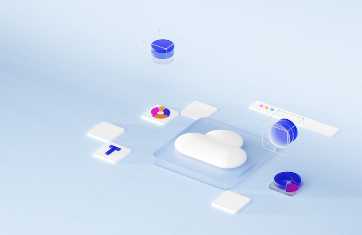 Isometric illustration of cloud storage surrounded by data and chart tiles