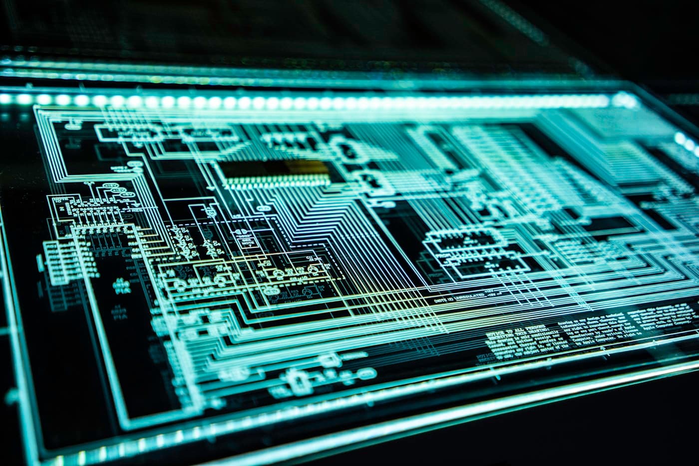 Illuminated circuit schematic representing secure infrastructure