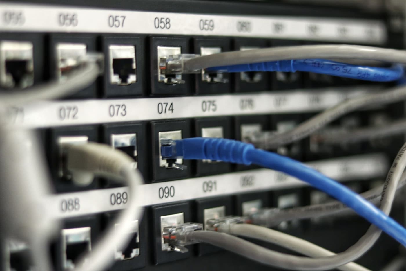 Network patch panel with numbered ports and connected cables